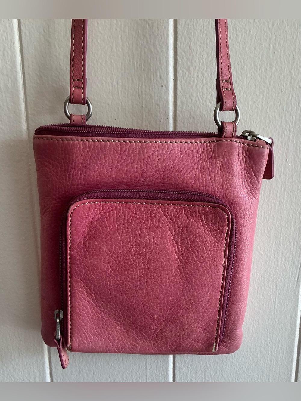 Rare Vintage Pink Fossil Brand Leather Organizer Crossbody Handbag Bag